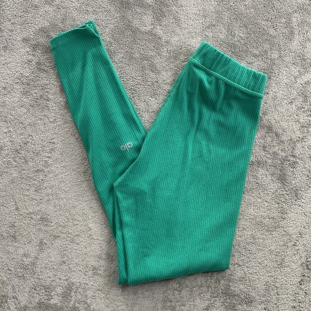 Alo Yoga Leggings Women's XXS Green Ribbed Pants VN5974 Athleisure Workout Gym